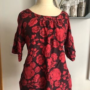100% silk sz MEDIUM blouse tunic red floral brown